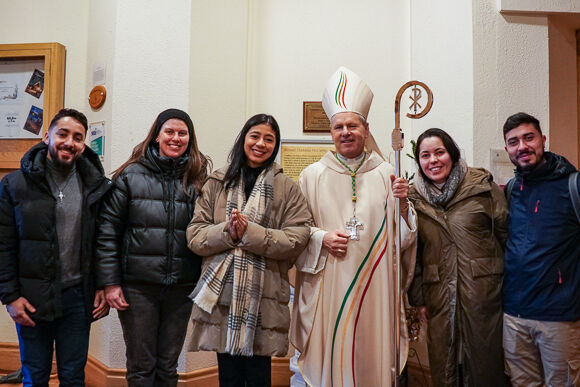 Luan, Beatriz, Jessica, Monaliza, Valdenir(members of the Brazilian Community) with Bishop Fintan after the Jubilee Mass.